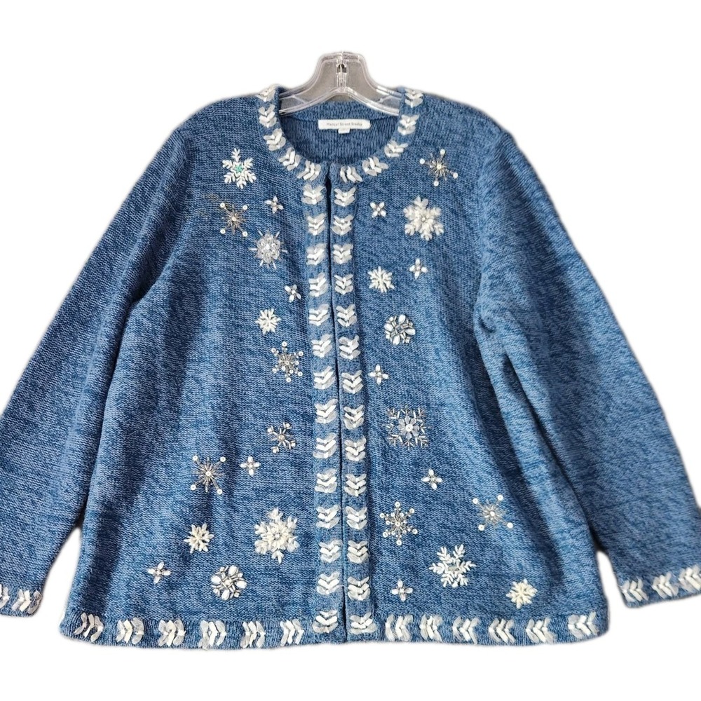 Vtg Designers Original Studio Women L Blue Snowflake Rhinestone Holiday Cardigan